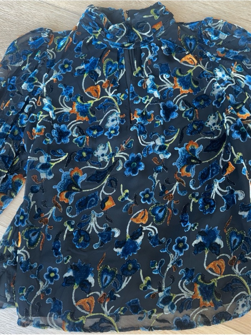 French Connection Floral Velvet Embroidered Sheer Blouse Top S Blue Black